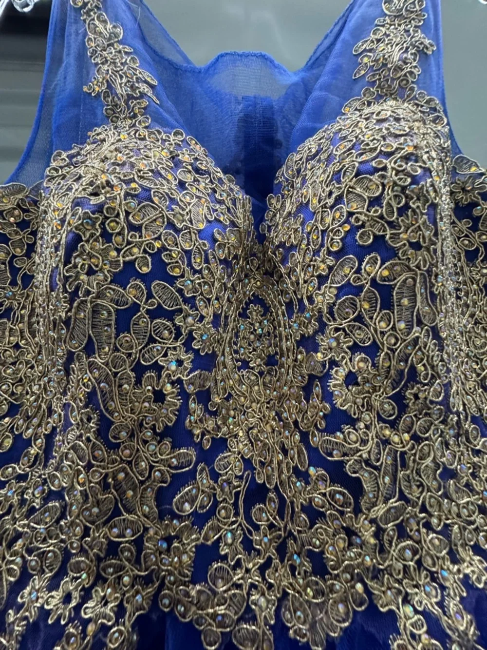 Royal Blue Gold Lace Fit & Flare Party Dress - Size M - Picture 5 of 9